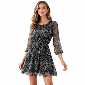 Elegant Black White Love Ari Geometric Dress Sheer Sleeves Tie Waist Size M Boho
